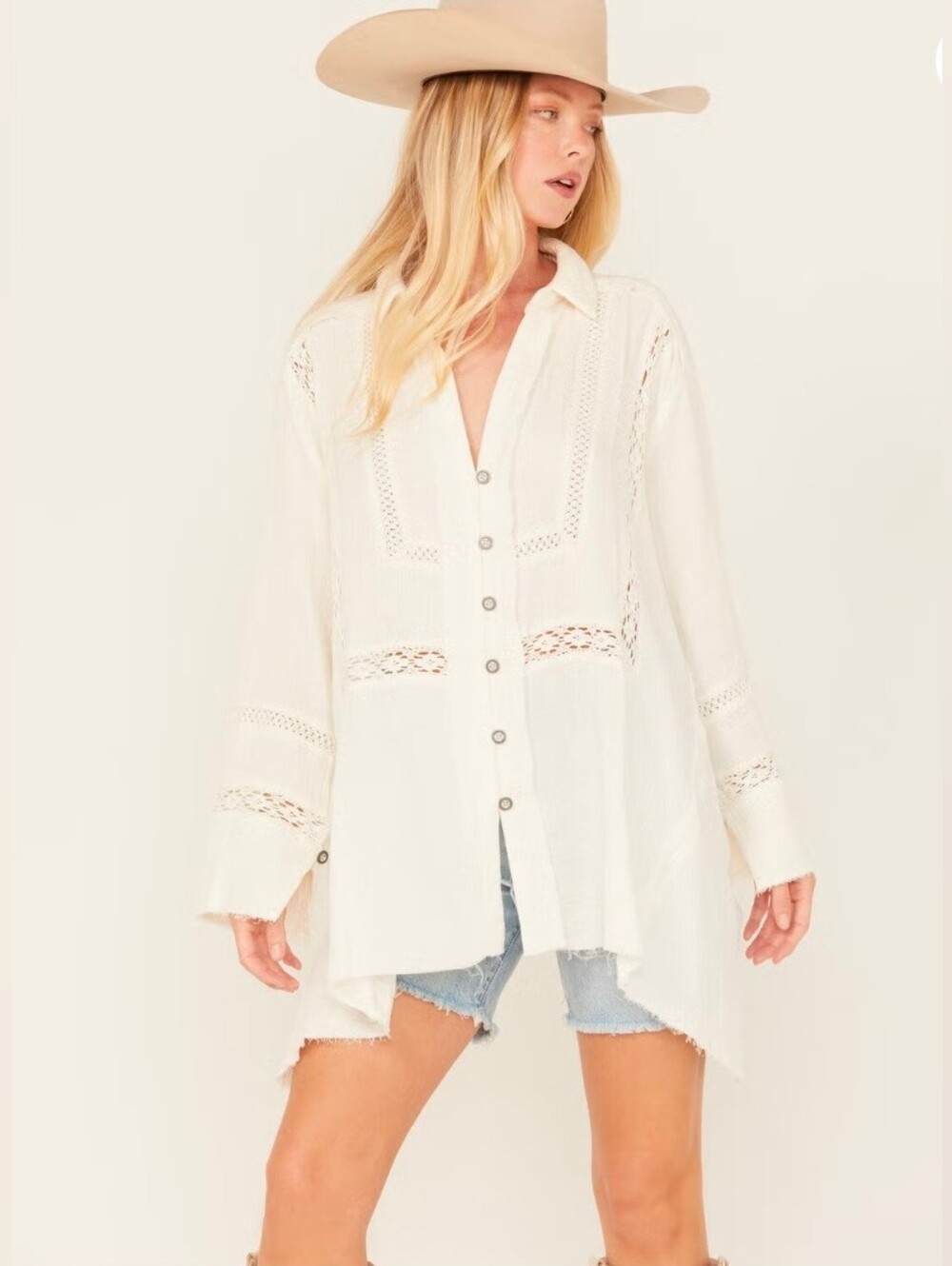 Free People Women's Ranch Wash Long Sleeve Top Med $168 Retail NWT